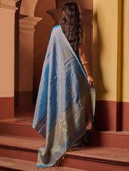 Bengal Elegance. Handwoven Tissue & Linen Saree - Blue Love