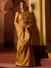 Bengal Elegance. Handwoven Tissue & Linen Saree - Ochre Gold