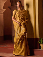 Bengal Elegance. Handwoven Tissue & Linen Saree - Ochre Gold