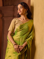 Bengal Elegance. Handwoven Tissue & Linen Saree - Golden Lime
