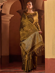 Bengal Elegance. Handwoven Tissue & Linen Saree - Dusky Bronze