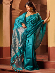 Bengal Elegance. Handwoven Soft Resham Matka Silk Saree - Peacock Teal