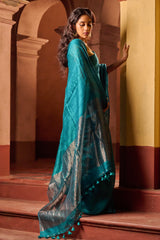 Bengal Elegance. Handwoven Soft Resham Matka Silk Saree - Peacock Teal
