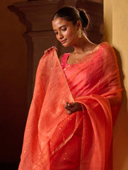 Bengal Elegance. Handwoven Sequinned Resham Silk Saree - Coral Blush