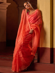 Bengal Elegance. Handwoven Sequinned Resham Silk Saree - Coral Blush