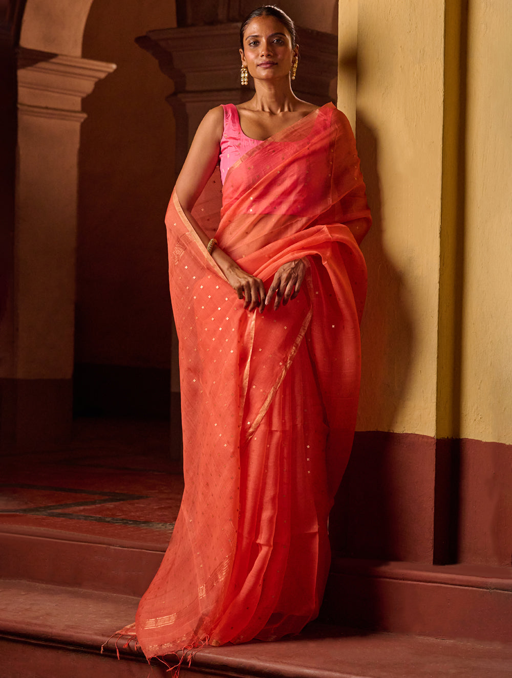 Bengal Elegance. Handwoven Sequinned Resham Silk Saree - Coral Blush