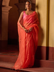 Bengal Elegance. Handwoven Sequinned Resham Silk Saree - Coral Blush