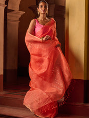 Bengal Elegance. Handwoven Sequinned Resham Silk Saree - Coral Blush