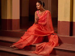 Bengal Elegance. Handwoven Sequinned Resham Silk Saree - Coral Blush