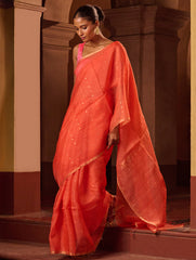 Bengal Elegance. Handwoven Sequinned Resham Silk Saree - Coral Blush