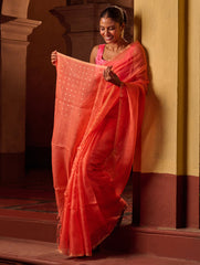 Bengal Elegance. Handwoven Sequinned Resham Silk Saree - Coral Blush
