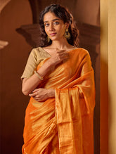 Bengal Elegance. Handwoven Tissue & Linen Saree - Golden Sunset