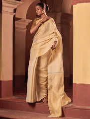 Bengal Elegance. Handwoven Tissue & Linen Saree - Soft Cream