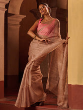 Bengal Elegance. Handwoven Sequinned Resham Silk Saree - Greyish Beige