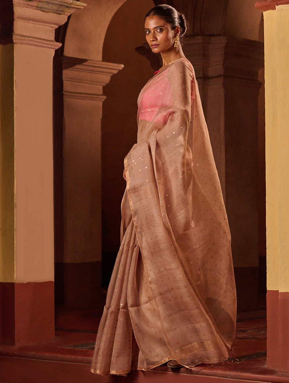 Bengal Elegance. Handwoven Sequinned Resham Silk Saree - Greyish Beige