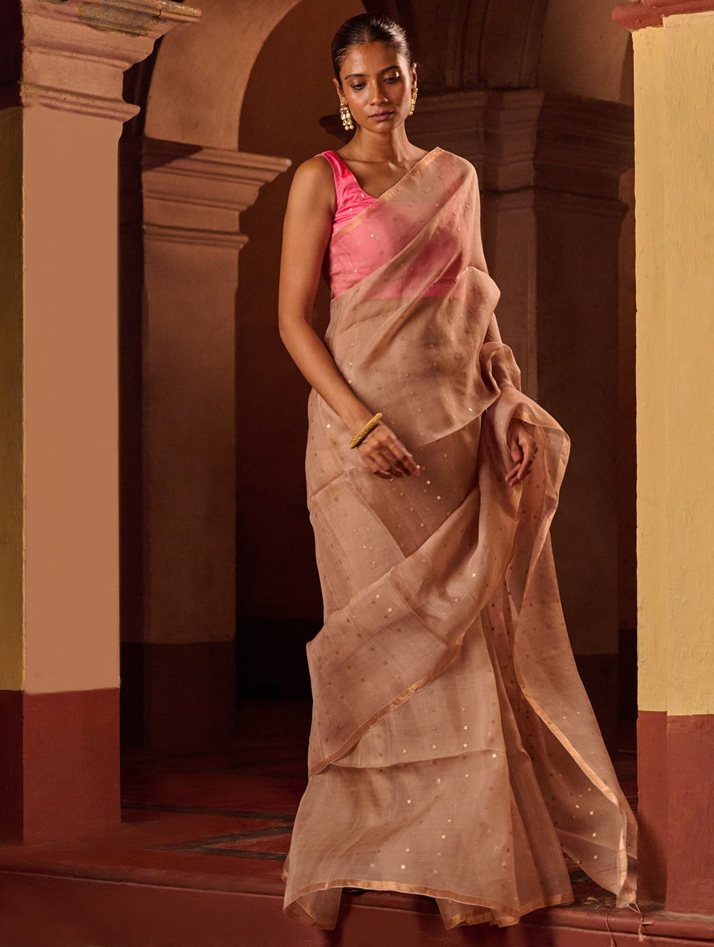 Bengal Elegance. Handwoven Sequinned Resham Silk Saree - Greyish Beige