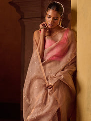 Bengal Elegance. Handwoven Sequinned Resham Silk Saree - Greyish Beige