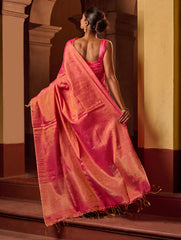 Bengal Elegance. Handwoven Tissue & Linen Saree - Ruby Blush