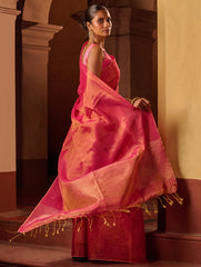 Bengal Elegance. Handwoven Tissue & Linen Saree - Ruby Blush