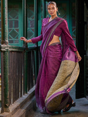 Bengal Vibes. Handwoven Linen & Kantha Border Saree - Mulberry Bush