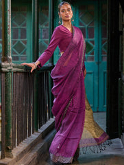 Bengal Vibes. Handwoven Linen & Kantha Border Saree - Mulberry Bush