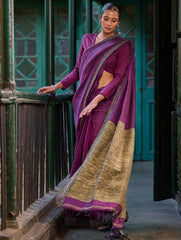 Bengal Vibes. Handwoven Linen & Kantha Border Saree - Mulberry Bush