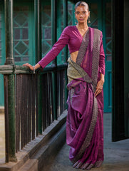 Bengal Vibes. Handwoven Linen & Kantha Border Saree - Mulberry Bush