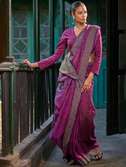 Bengal Vibes. Handwoven Linen & Kantha Border Saree - Mulberry Bush