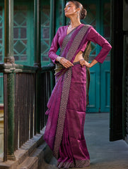 Bengal Vibes. Handwoven Linen & Kantha Border Saree - Mulberry Bush