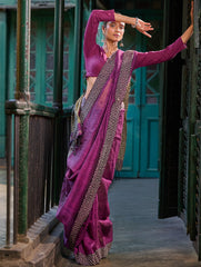 Bengal Vibes. Handwoven Linen & Kantha Border Saree - Mulberry Bush