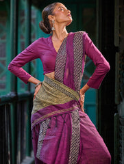 Bengal Vibes. Handwoven Linen & Kantha Border Saree - Mulberry Bush