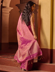 Bengal Elegance. Handwoven Tissue & Linen Saree - Golden Bloom