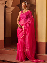 Bengal Elegance. Handwoven Sequinned Resham Silk Saree - Fuschia Glow