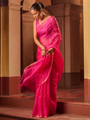Bengal Elegance. Handwoven Sequinned Resham Silk Saree - Fuschia Glow