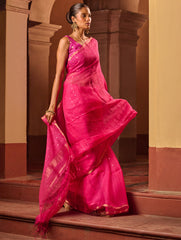 Bengal Elegance. Handwoven Sequinned Resham Silk Saree - Fuschia Glow
