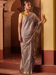 Bengal Elegance. Handwoven Silk Cotton Saree - Silver Ash