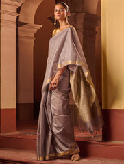 Bengal Elegance. Handwoven Silk Cotton Saree - Silver Ash