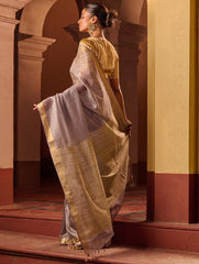 Bengal Elegance. Handwoven Silk Cotton Saree - Silver Ash