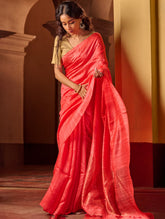 Bengal Elegance. Handwoven Soft Resham Matka Silk Saree - Warm Coral