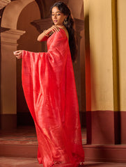Bengal Elegance. Handwoven Soft Resham Matka Silk Saree - Warm Coral