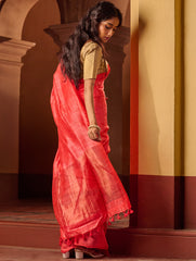 Bengal Elegance. Handwoven Soft Resham Matka Silk Saree - Warm Coral