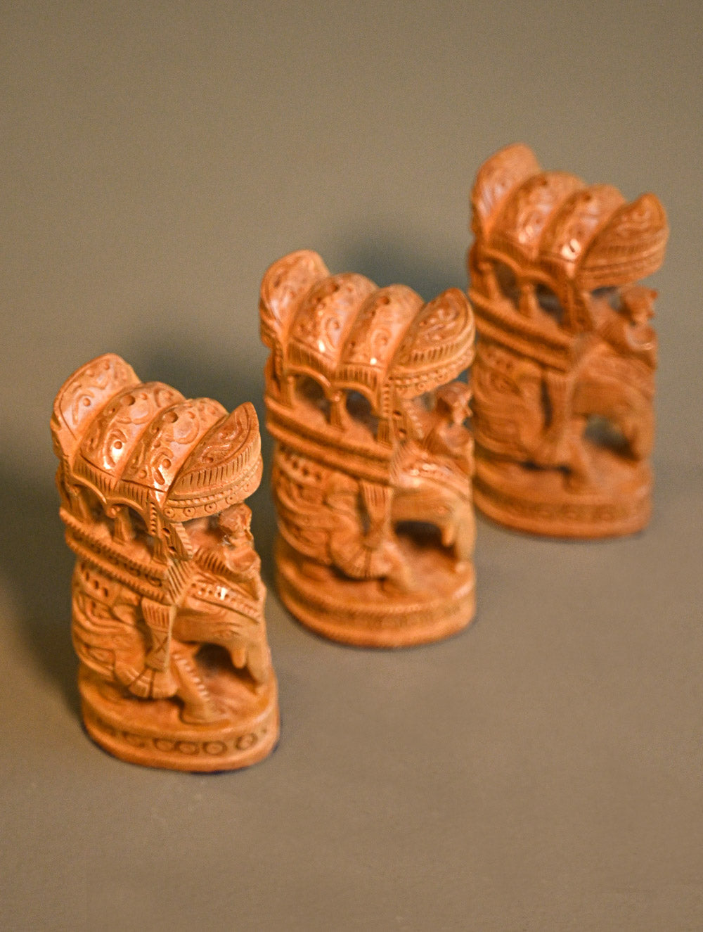 Rajasthani Wood Engraved Elephant Curios (Set of 3)