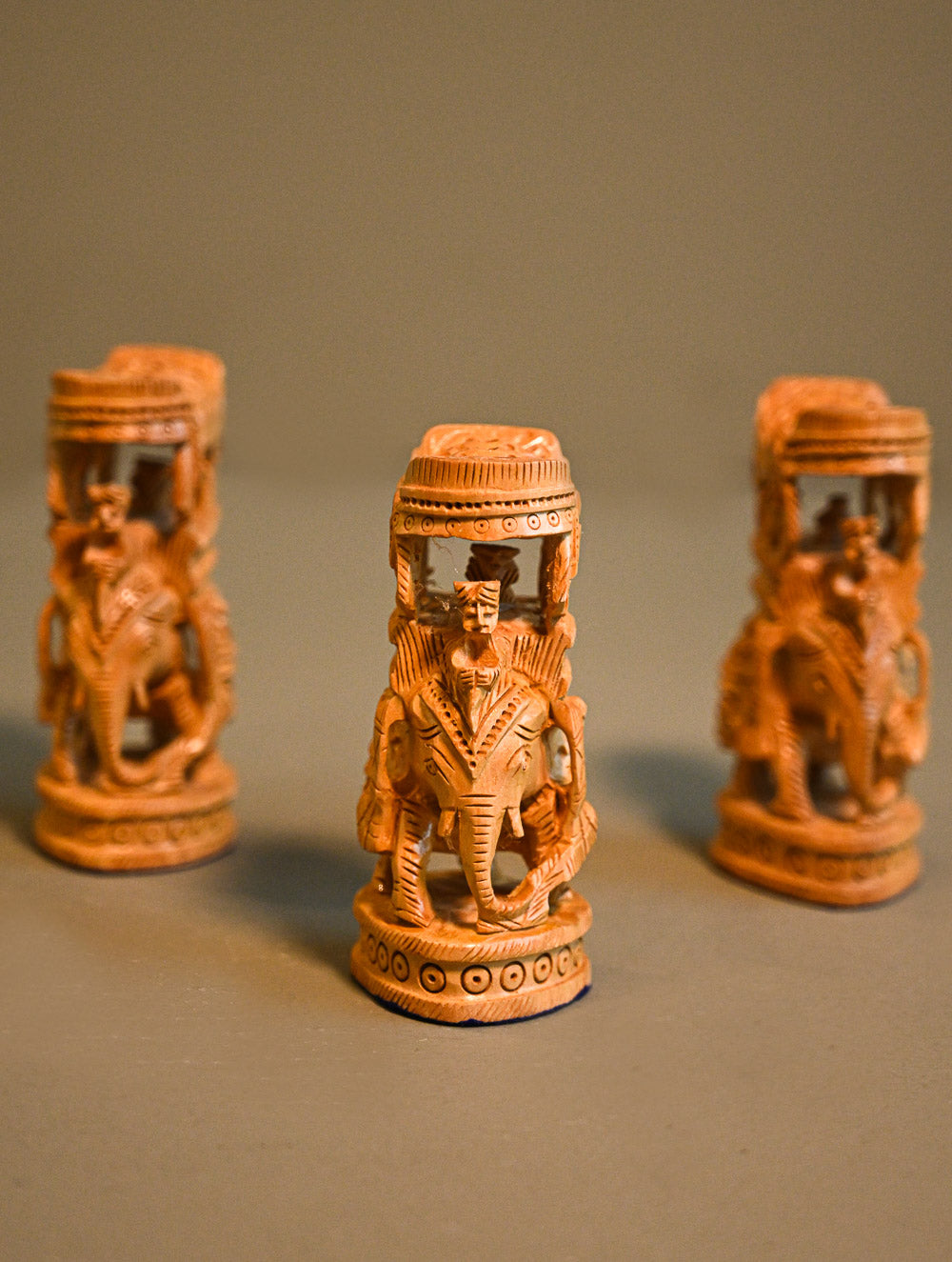 Rajasthani Wood Engraved Elephant Curios (Set of 3)