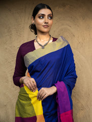 Soft & Striking. Pure Handwoven Linen Saree (With Blouse Piece) - Royal Blue Elegance