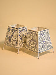Andhra Leather Craft Lamp Shade - Holiday Floral Blues (Set of Two). Height - 6 inches Each
