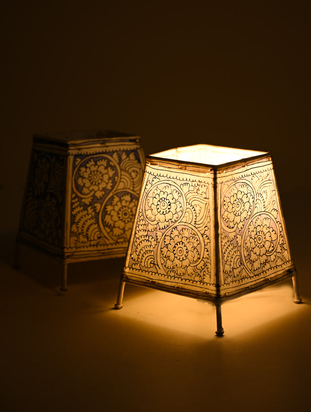 Andhra Leather Craft Lamp Shade - Holiday Floral Blues (Set of Two). Height - 6 inches Each