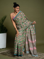 Sanganer Statements. Hand Block Printed Mul Cotton Saree - Green Flora