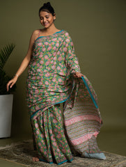 Sanganer Statements. Hand Block Printed Mul Cotton Saree - Green Flora