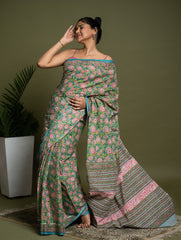 Sanganer Statements. Hand Block Printed Mul Cotton Saree - Green Flora