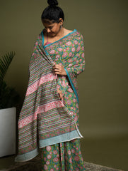 Sanganer Statements. Hand Block Printed Mul Cotton Saree - Green Flora